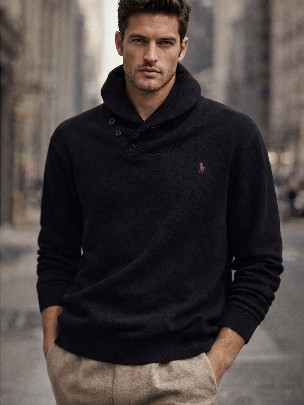 Polo by Ralph Lauren Black Shawl-Collar 100% Cotton Pullover Mens Medium Sweater